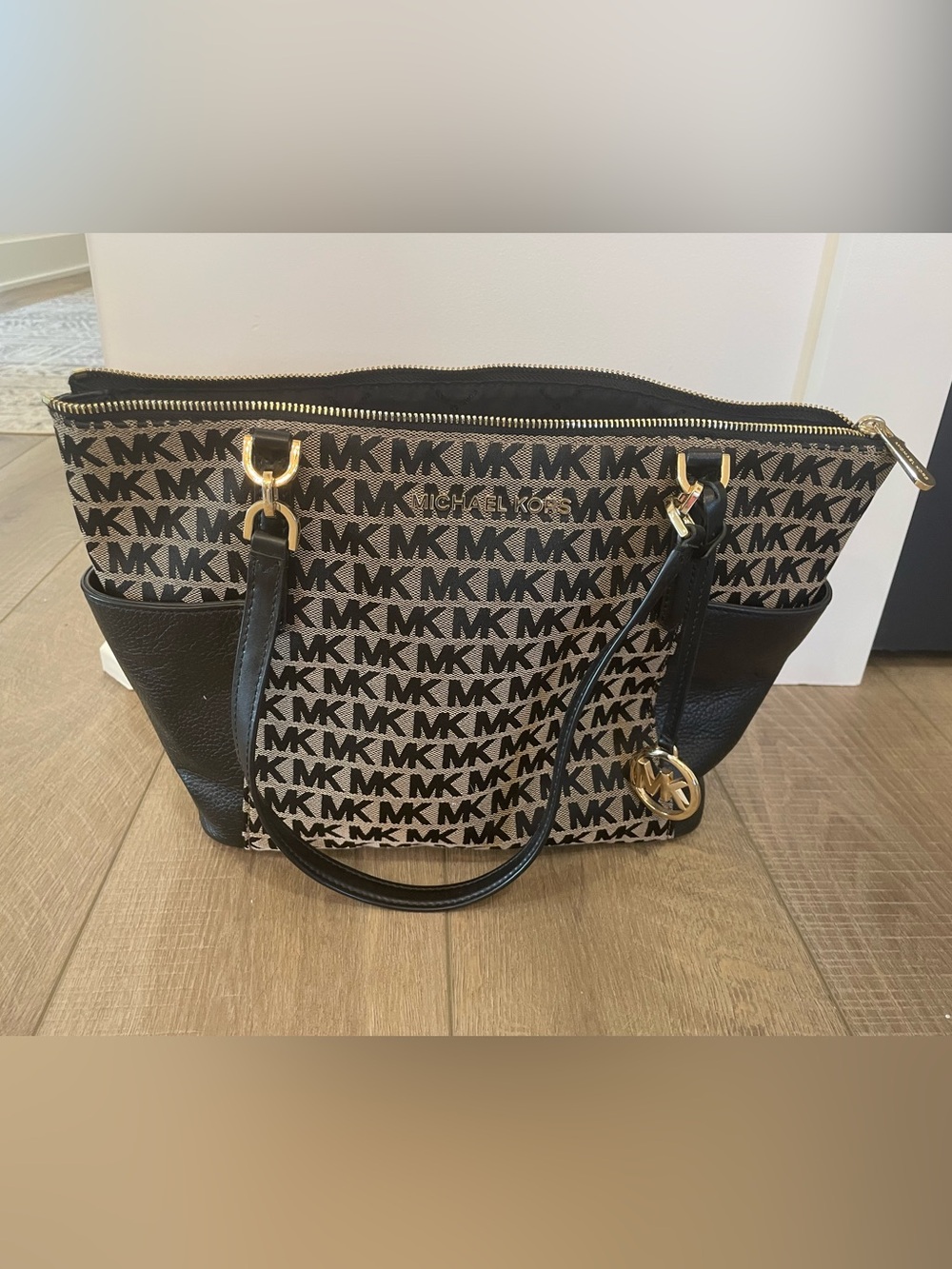 Michael Kors Black and Beige MK Signature Shoulder Bag